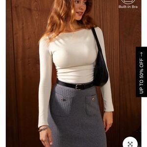 Chic White Long Sleeve Top with Gray Skirt